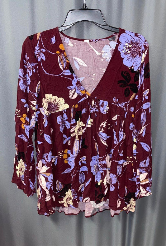 Free People Women's Burgundy Floral Babydoll Tunic Blouse Long Sleeve Size S