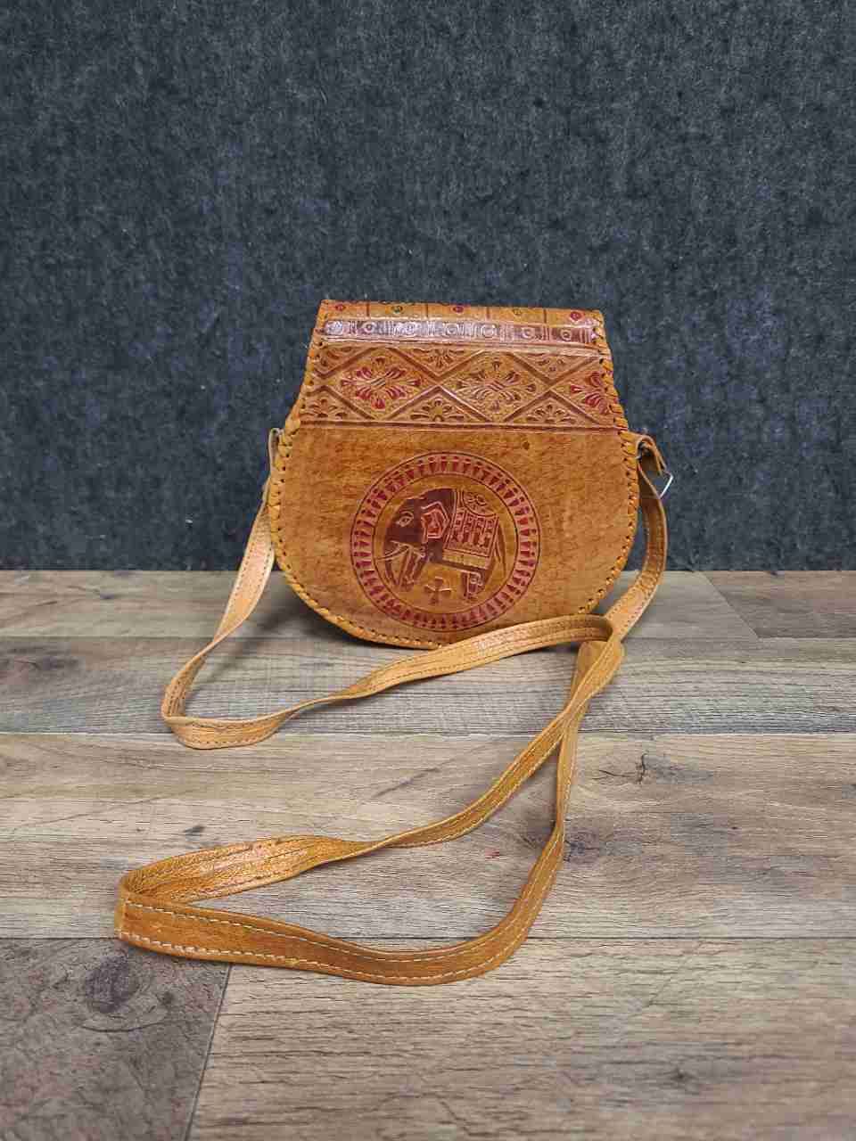 Vintage Tan Tooled Leather Elephant Crossbody Bag Boho Hippie Shoulder Bag