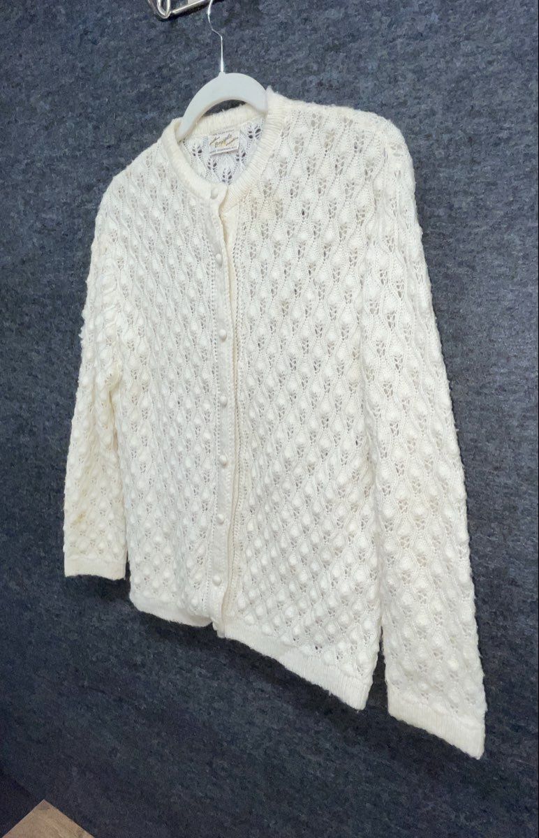 Vintage 60s Boepple White Pointelle Knit Cardigan Sweater Orlon Acrylic Sz M