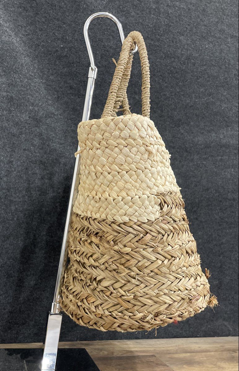 Unbranded Cream Brown Two-Tone Woven Wooden Design Straw Basket Tote Bag