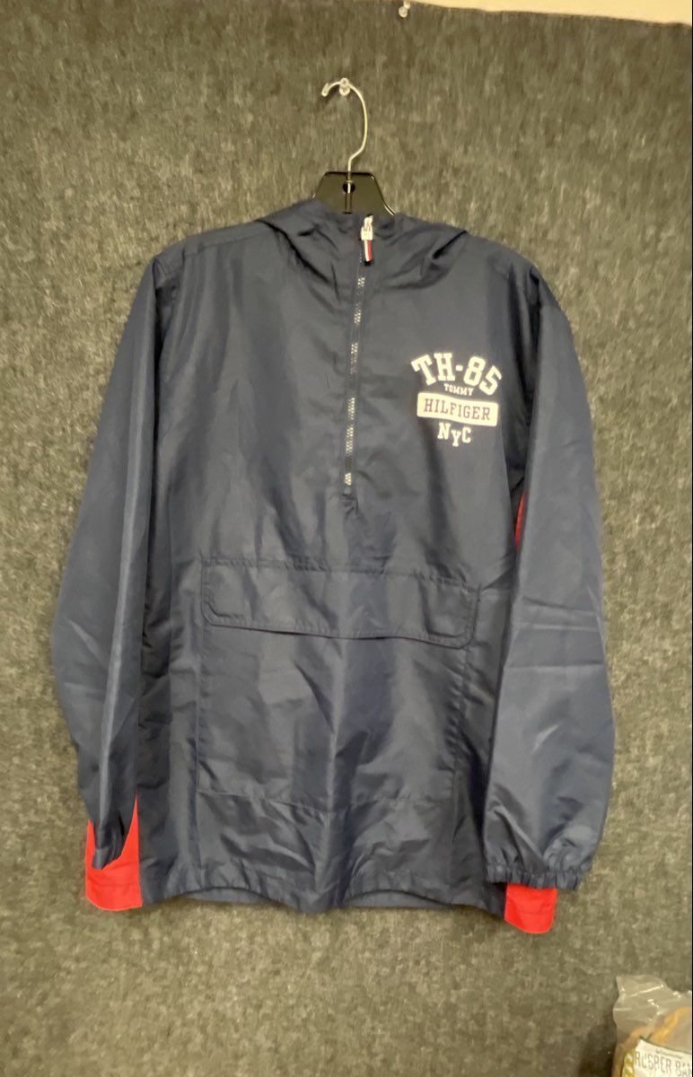 Tommy Hilfiger Boys Half Zip Hooded Windbreaker Navy Blue Graphic Sz XL 18/20