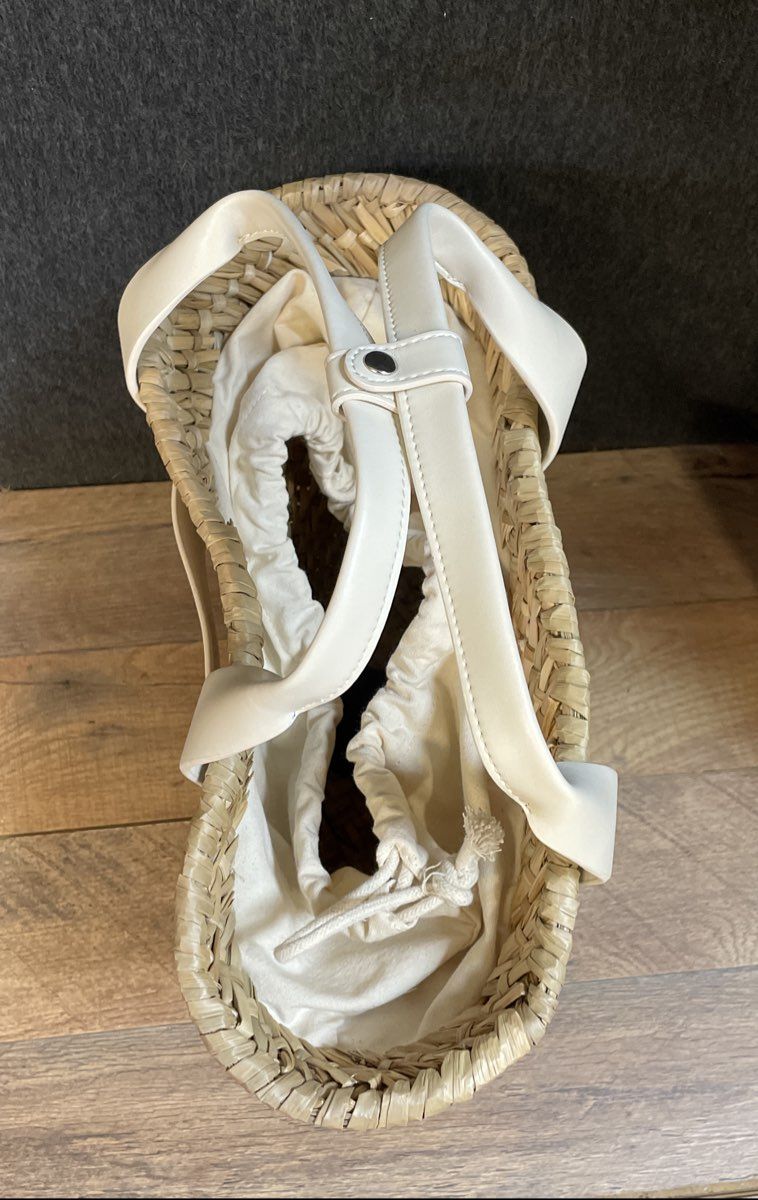 House of Harlow 1960 Cream & Natural Rattan Woven Basket Tote Bag Small