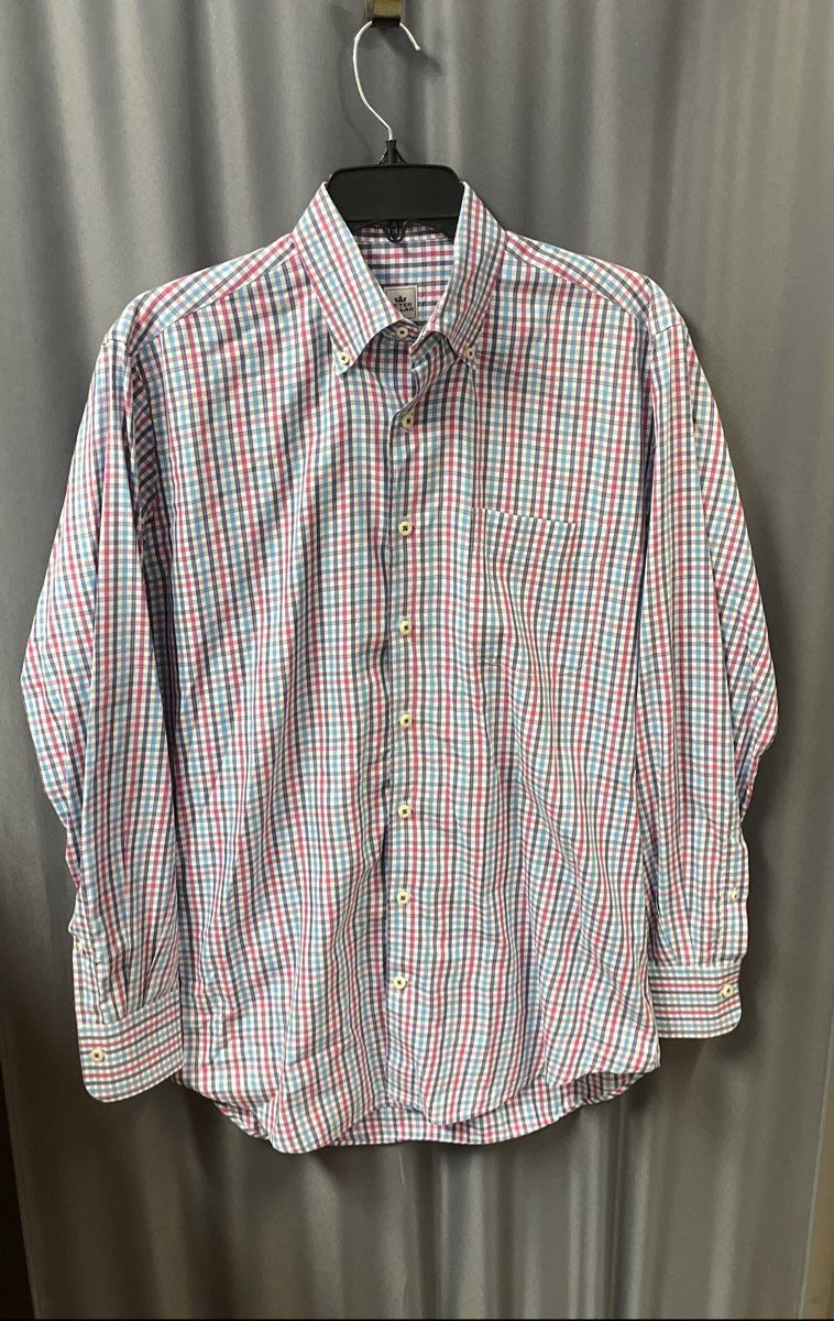 Peter Millar Men's Pink Blue Check Plaid Long Sleeve Button-Up Shirt Size M