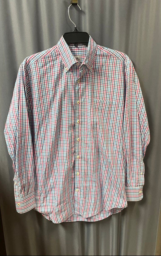 Peter Millar Men's Pink Blue Check Plaid Long Sleeve Button-Up Shirt Size M