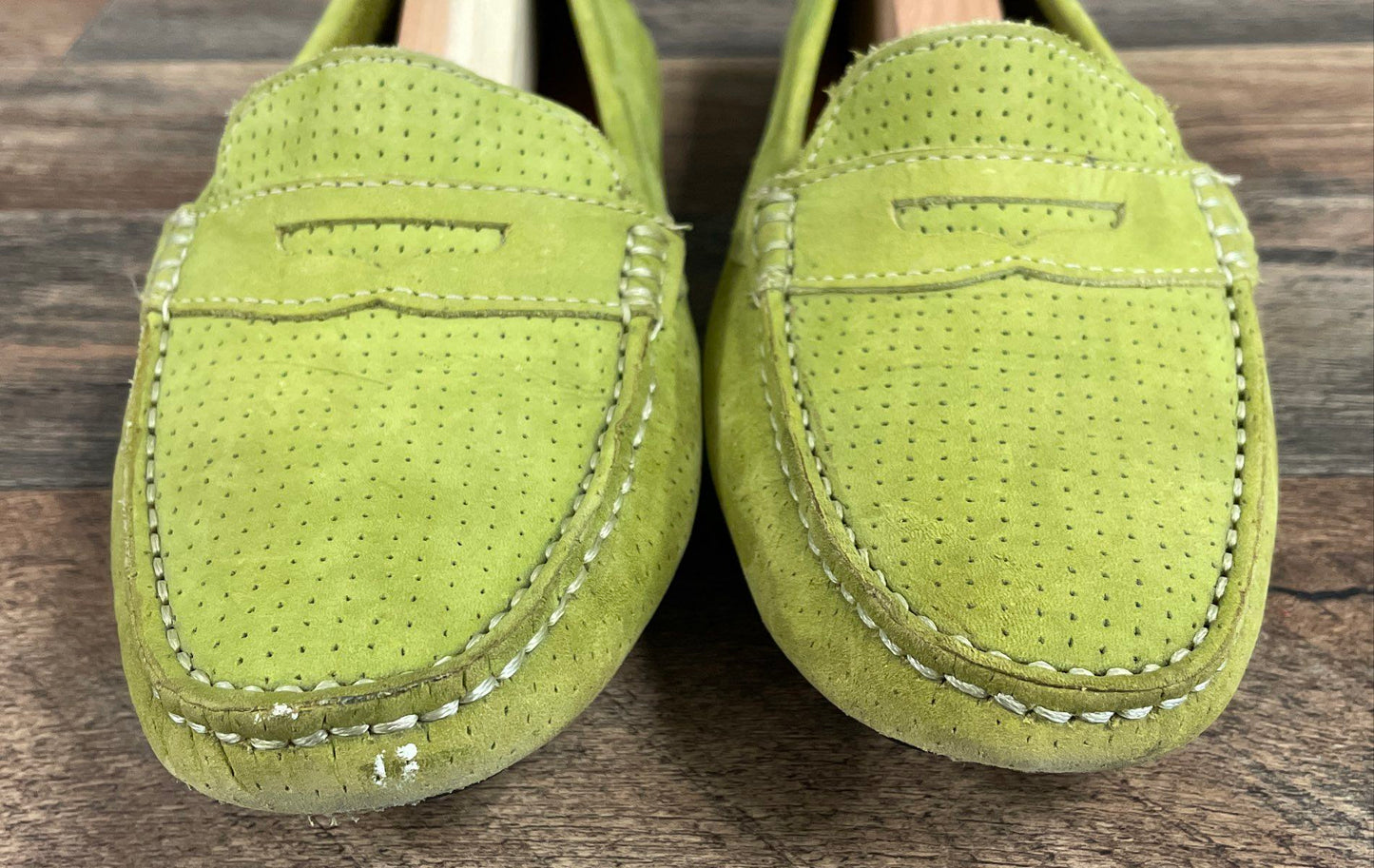 Mercanti Fiorentini Lime Green Perforated Suede Penny Driver Loafers Size 9 B