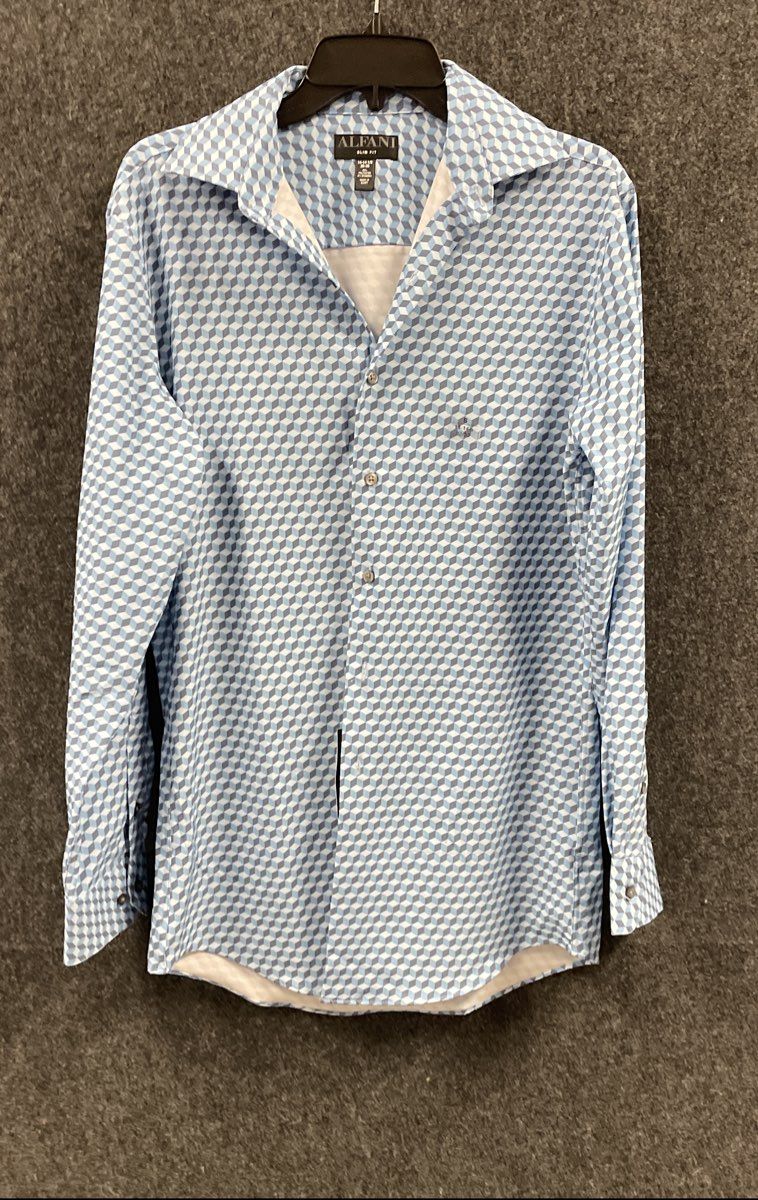 Alfani Men's Slim Fit Geometric Cube Print Shirt Blue White NWT Sz 14 14.5 32/33