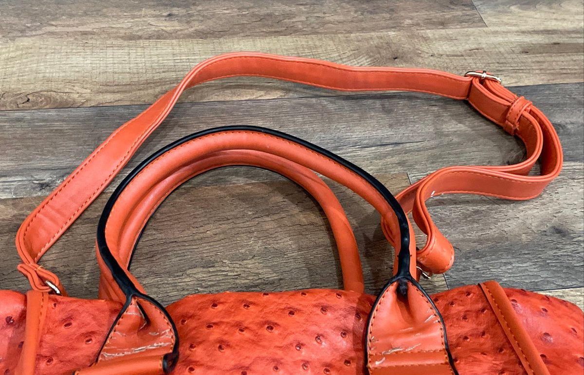 Orange Ostrich Embossed Medallion Tote Handbag Crossbody Shoulder Bag Large