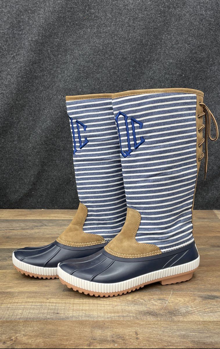 Marley Lilly Tall Duck Rain Boots Navy White Striped Monogram Women's Size 8
