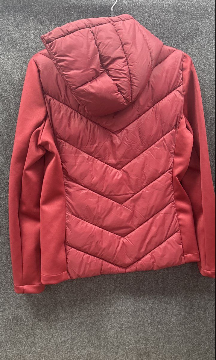 DKNY Women's Mixed-Media Hooded Puffer Jacket Burgundy Chevron Sz S