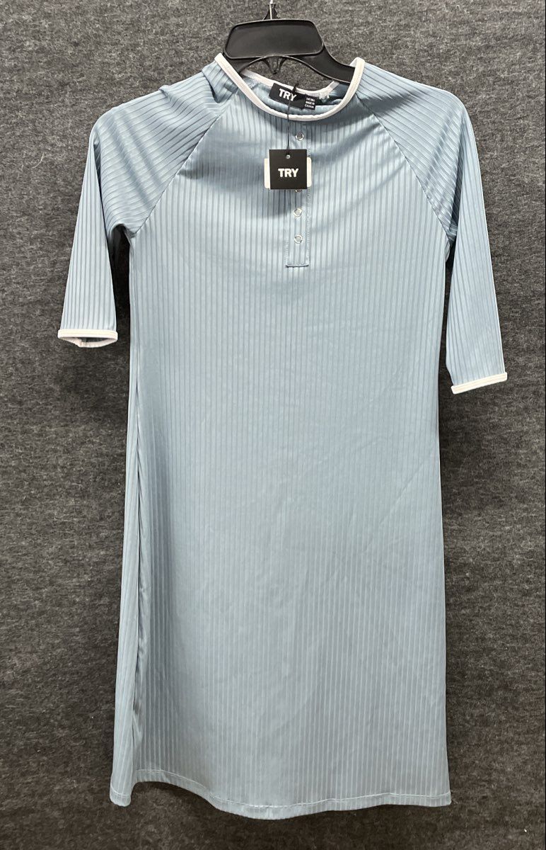 Try Women's Blue Rib Faux Henley Cover Up Ribbed Knit Dress NWT Size 14