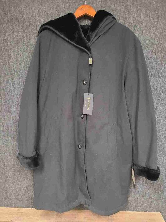 Ensign London Women's Black Faux Fur Hooded Coat Quilted Jacket Sz XL NWT