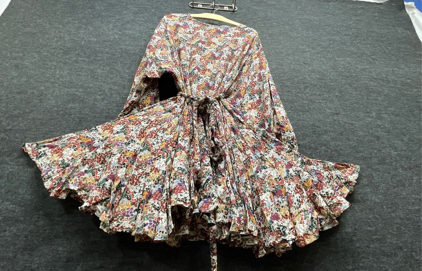 Women's Multicolor Floral Batwing Sleeve Braided Belt Ruffle Tiered Mini Dress