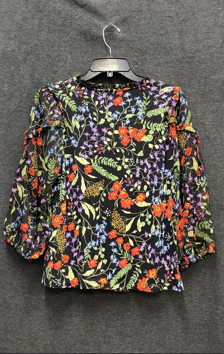 Maeve Anthropologie Women's Black Metallic Floral Ruffle Tie Neck Blouse Sz XS