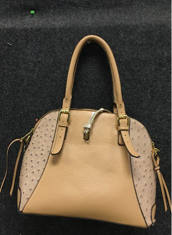 Adrienne Vittadini Beige Ostrich Embossed Satchel Handbag Gold Hardware