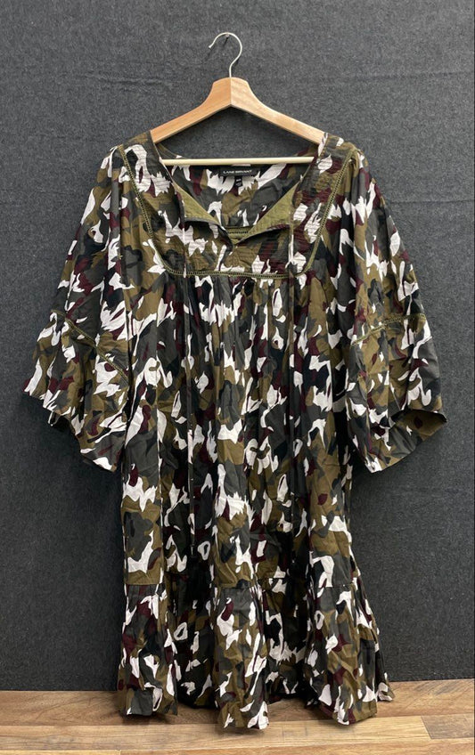 Lane Bryant Women's Camo Print Cotton Boho Peasant Dress Crochet Tassels 14/16