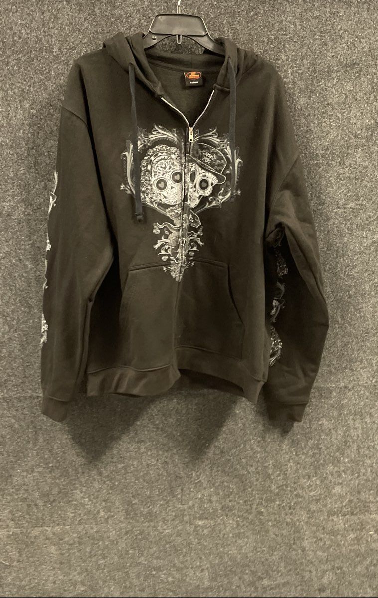 Hot Leathers Sugar Skull Heart Biker Graphic Zip Up Hoodie Jacket Black Sz XL