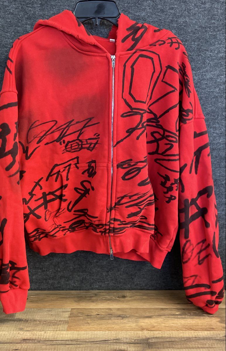 Men's Red Graffiti Graphic Distressed Full Zip Hoodie Sweatshirt Size M