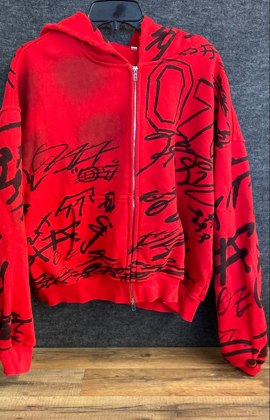 Men's Red Graffiti Graphic Distressed Full Zip Hoodie Sweatshirt Size M
