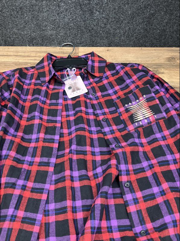 Savage X Fenty Women's Plaid Flannel Button Down Shirt Red Purple NWT Sz XS