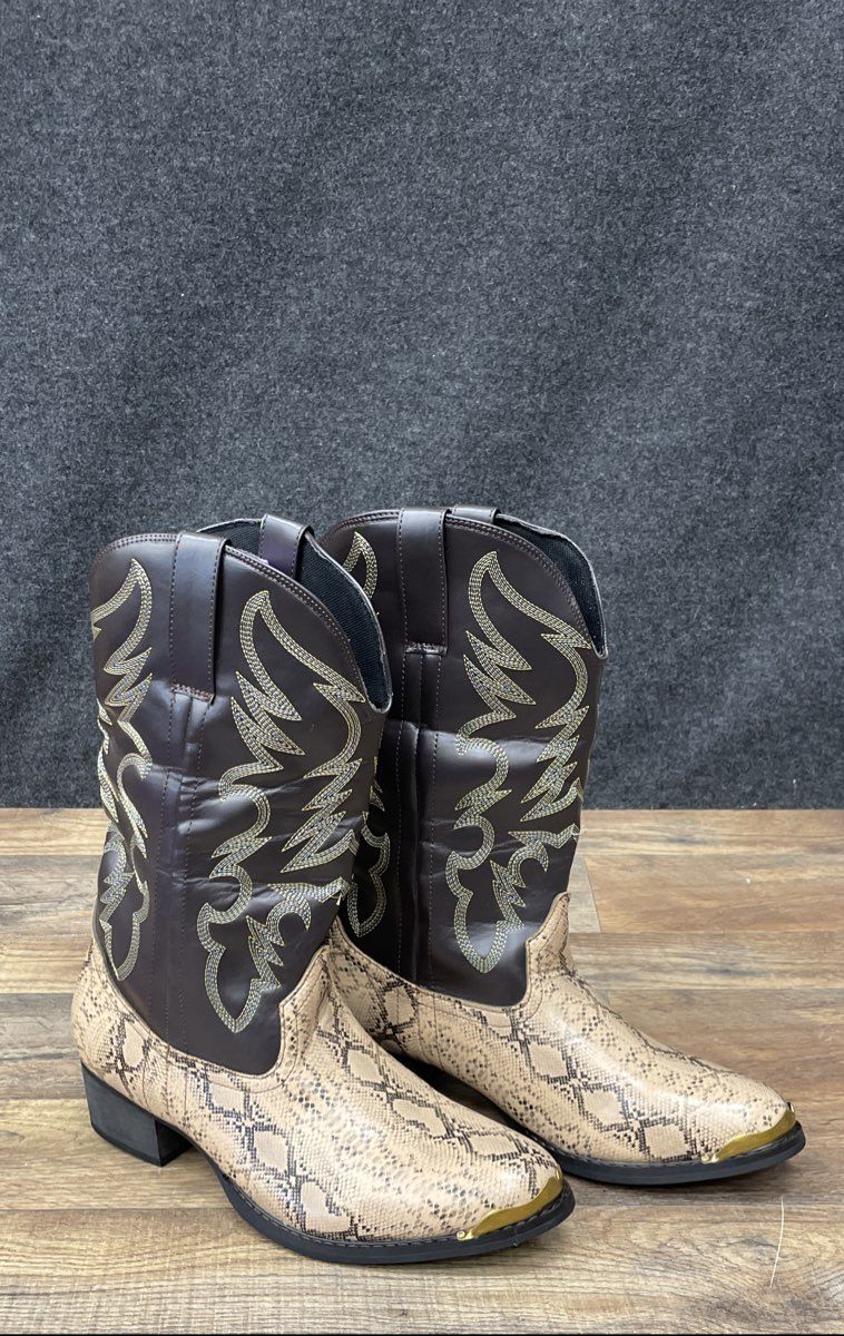 Faux Rattlesnake Print Western Cowboy Boots Gold Toe Tips Brown Size 40