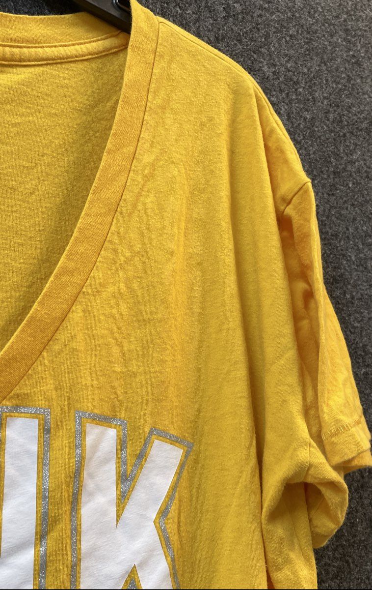 PINK Victoria's Secret Women's Yellow Silver Glitter Logo V-Neck T-Shirt Sz L