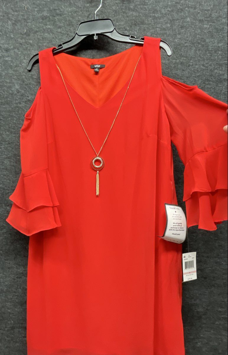 MSK Women's Red Cold Shoulder Ruffle Sleeve Dress Style Setter Necklace 10 NWT