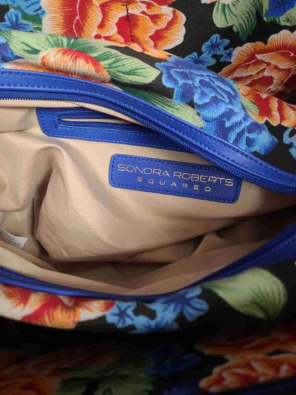Sondra Roberts Squared Cobalt Blue Faux Leather Tote Bag Floral Lining Tassel