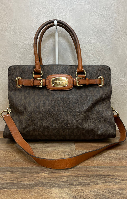 Michael Kors Brown Monogram Signature Satchel Tote Handbag Gold Hardware