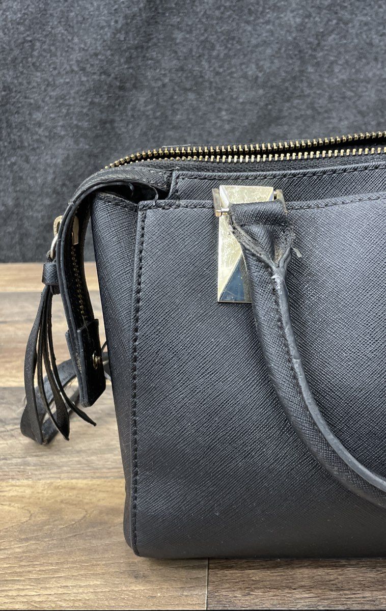 Karl Lagerfeld Paris Black Saffiano Leather Satchel Handbag Gold Hardware