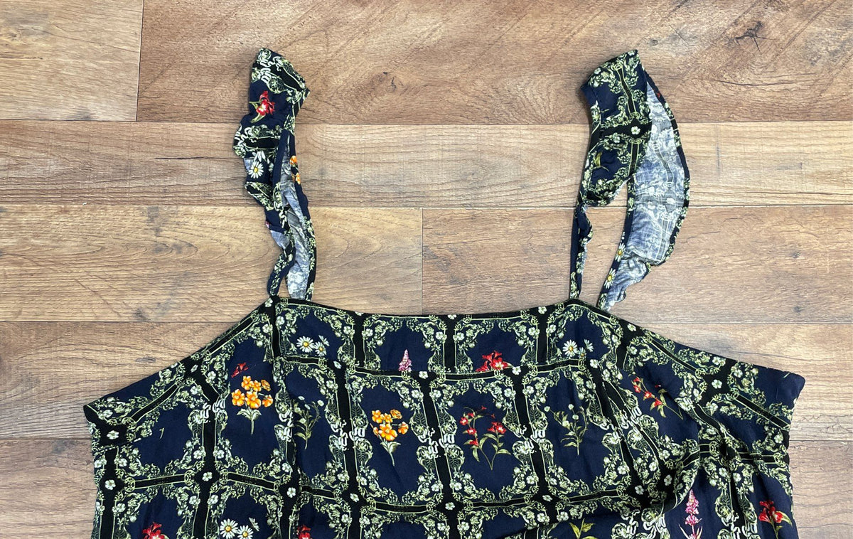 Agua Bendita Women's Navy Blue Floral Ruffle Strap Dress Sz 3X