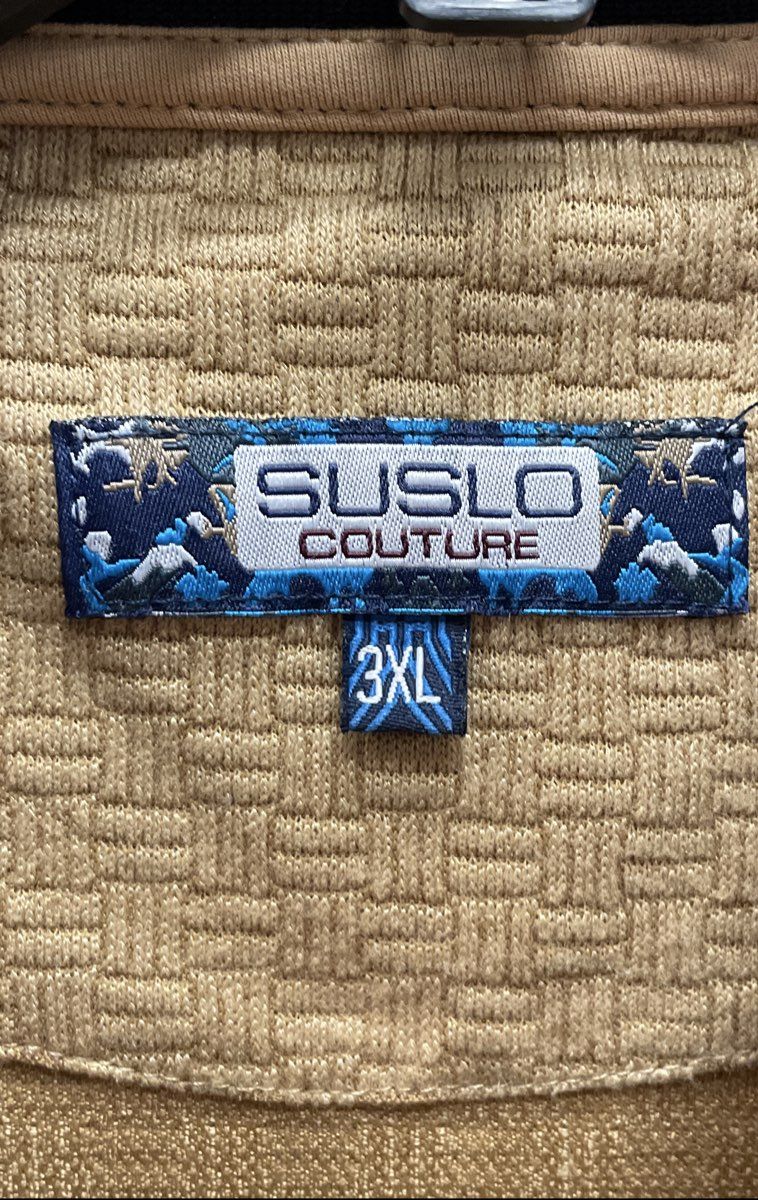 Suslo Couture Men's Brown Quarter Zip Pullover Greek Key Trim Shirt Sz 3XL