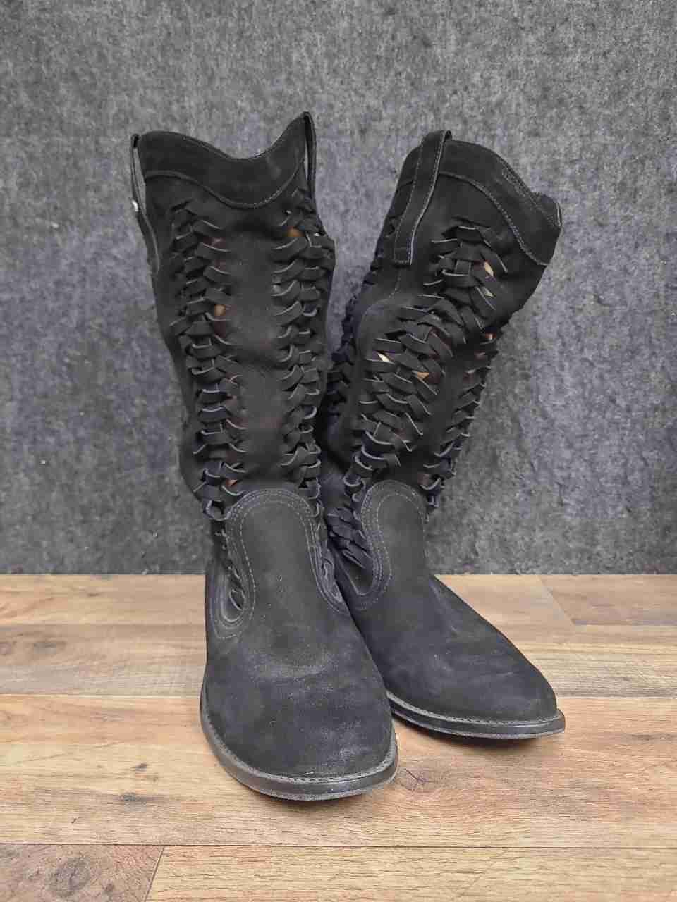 Harley-Davidson D83239 Black Woven Lattice Leather Tall Boots Size 8.5