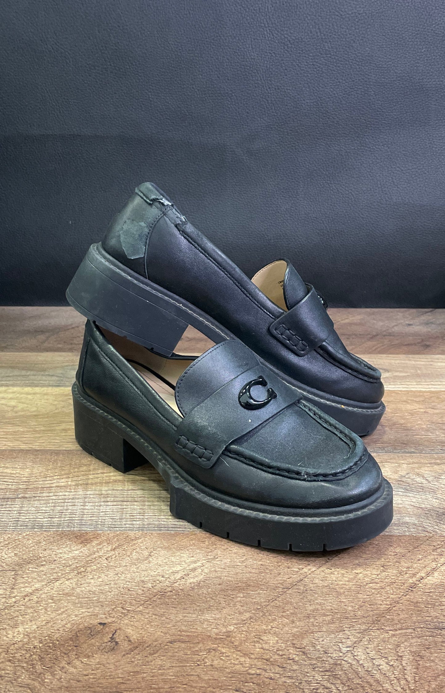 Coach Leah Black Leather Platform Lug Sole Loafers Women's Size 6.5B