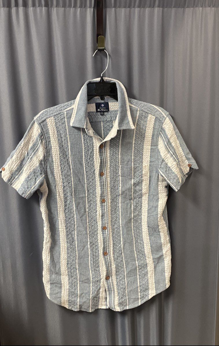 Ben Sherman Men's Blue White Textured Knit Vertical Stripe Button Up Shirt Sz M