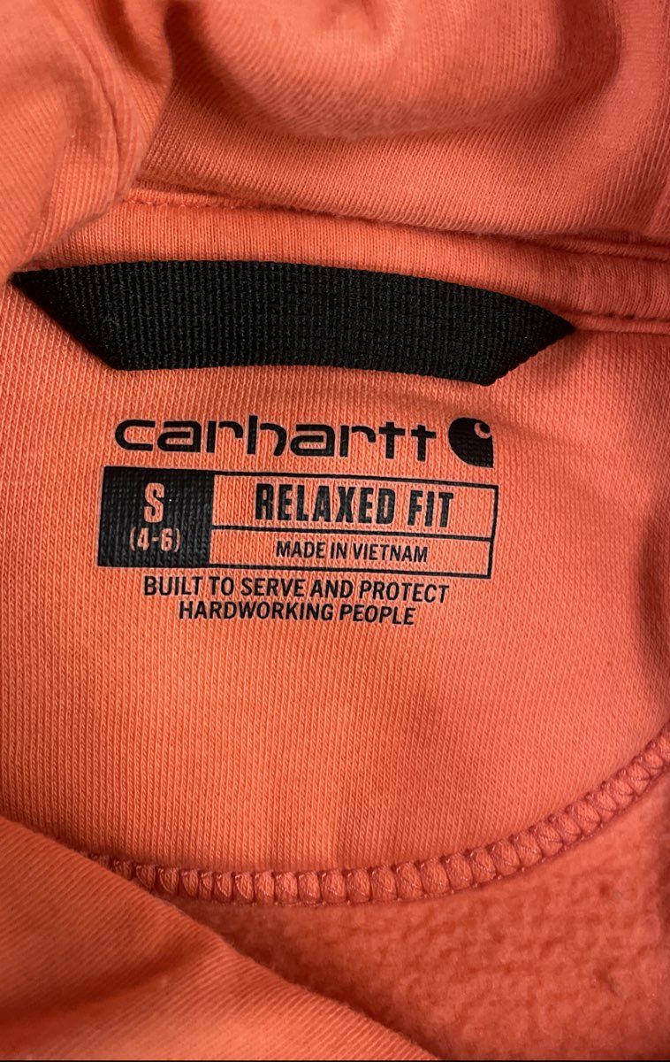 Carhartt Women's Relaxed Fit Pullover Hoodie Orange Logo Kangaroo Pocket Sz S