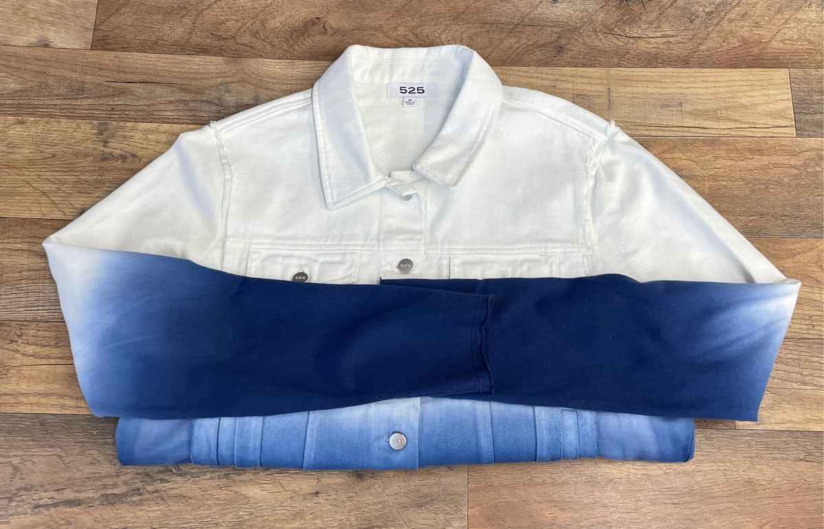525 Women's Ombre Denim Jacket White Blue Dip Dye Frayed Hem Trucker Sz M