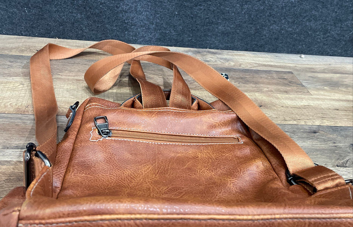 Brown Leather Convertible Backpack Bag Multi Pocket Animal Print Accent