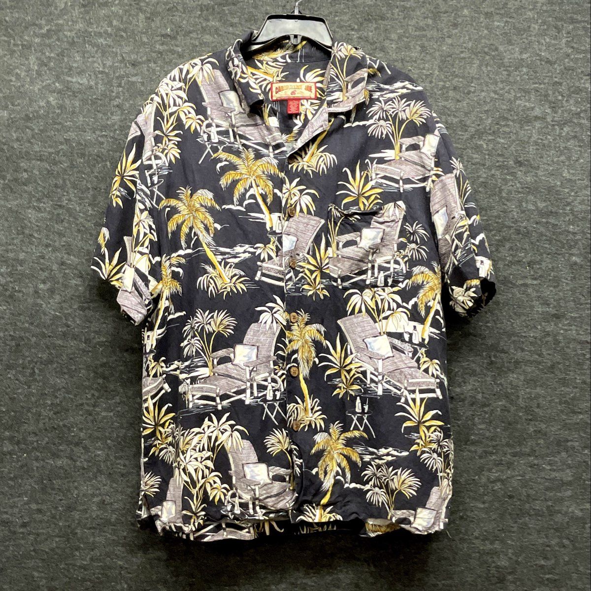 Caribbean Joe Men's Hawaii Shirt Navy Blue Linen Blend Tropical Palm Sz L