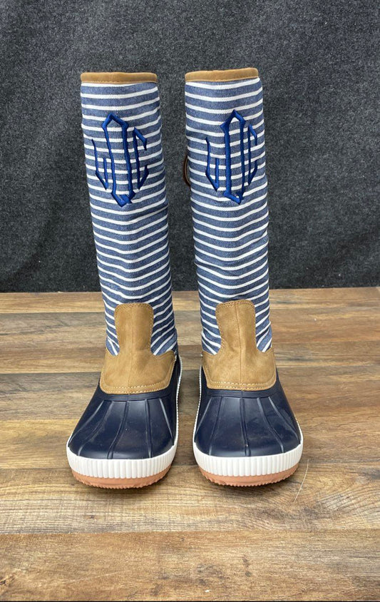 Marley Lilly Tall Duck Rain Boots Navy White Striped Monogram Women's Size 8