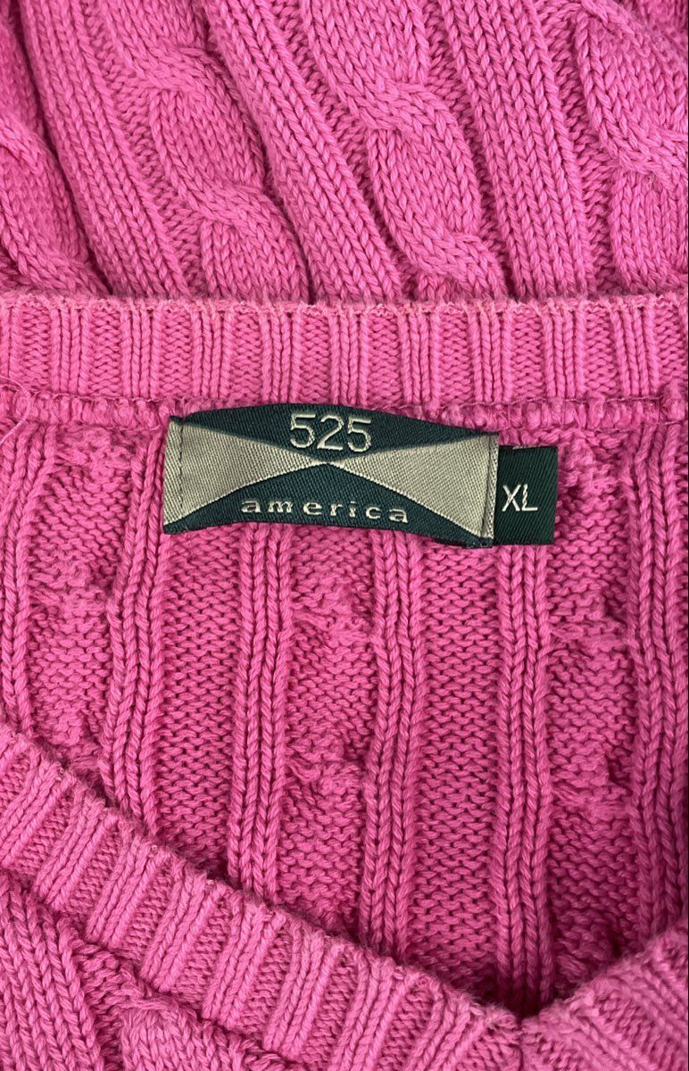 Vintage 90s 525 America Women's Pink Cable Knit V-Neck Cotton Sweater Sz XL