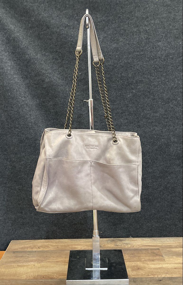 American Leather Co Gray Leather Shoulder Bag Tote Chain Strap Multi-Pocket
