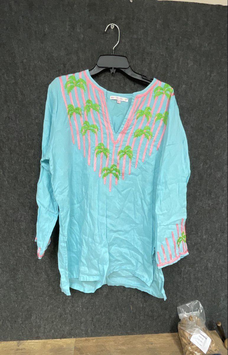 Barbara Gerwit Women's Aqua Tunic Top Embroidered Palm Tree Tropical Size XL
