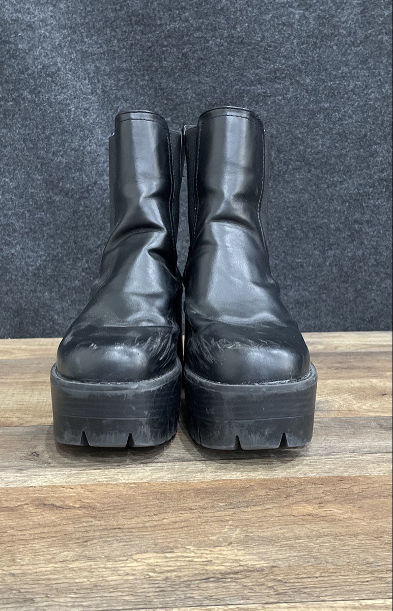 Black Faux Leather Platform Block Heel Lug Sole Ankle Boots Women's Size 6.5