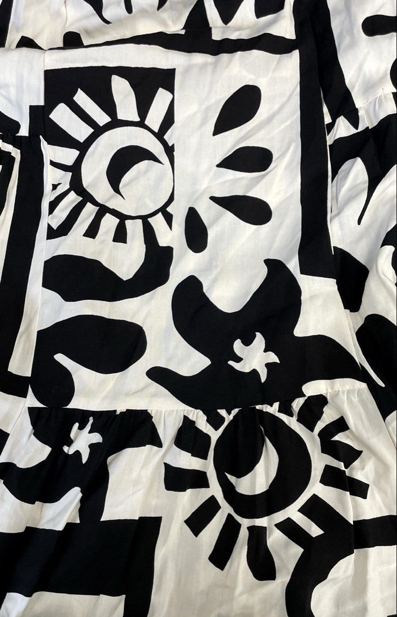 Abel the Label Women's Black White Graphic Tiered Maxi Dress Rayon Sz S