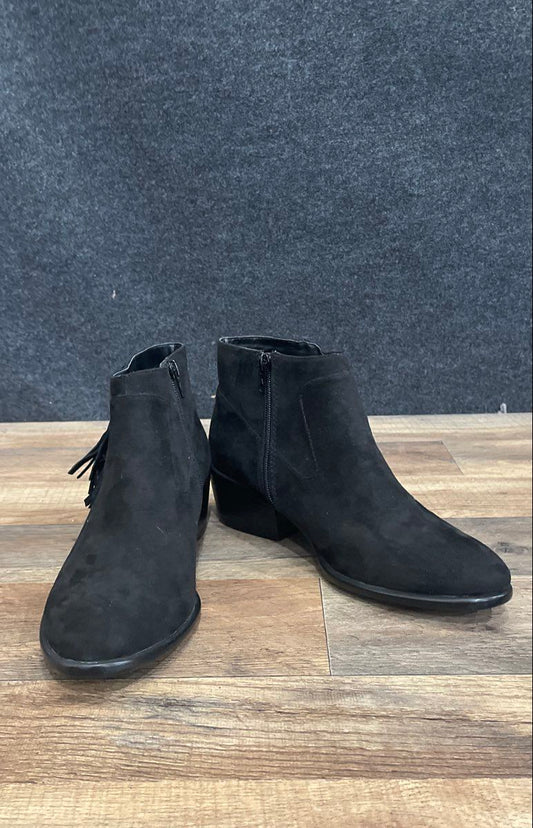 Aerosoles Black Faux Suede Fringe Side Zip Ankle Boots Block Heel Women's Size 9