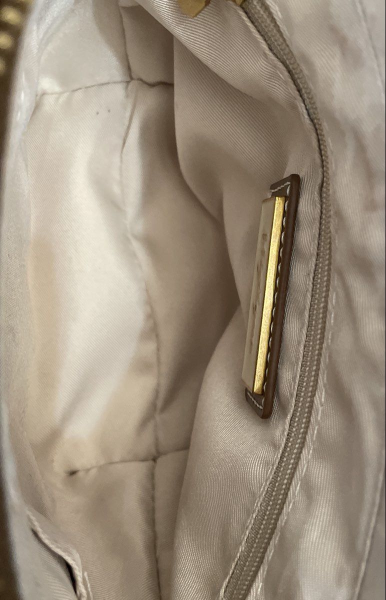 Miztique White Fabric Brown Leather Crossbody Shoulder Bag Gold Tone Hardware