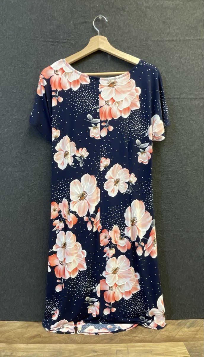 Robbie Bee Women's Navy Blue Floral Polka Dot Side Knot Drape Dress Sz M
