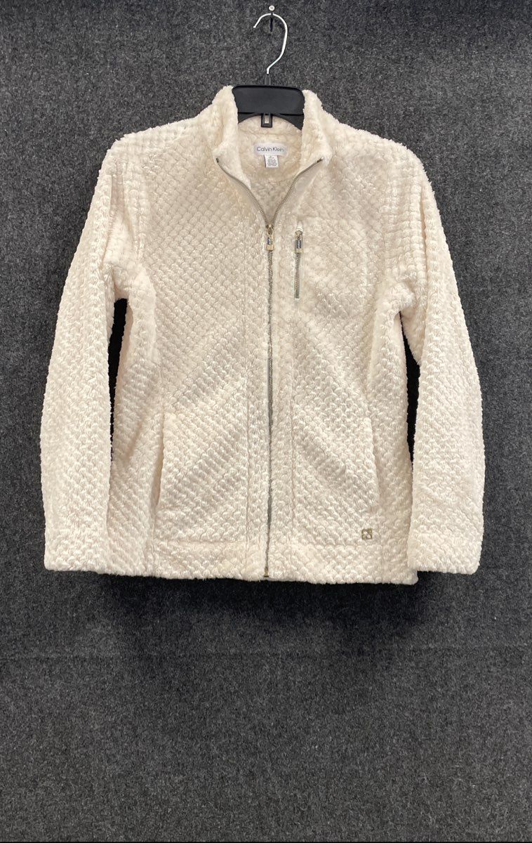 Calvin Klein Women's Cream Full Zip Textured Diamond Fleece Jacket Sz Small