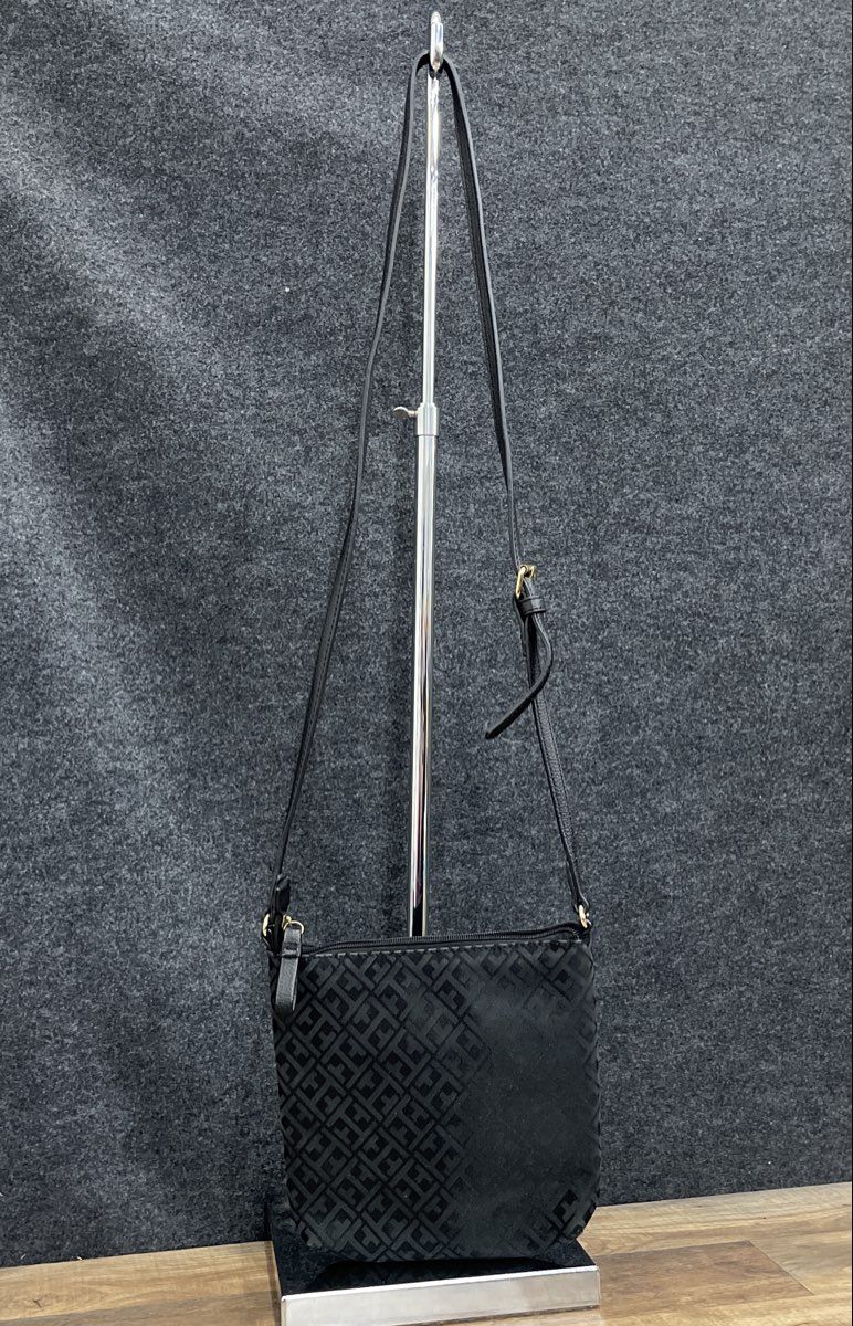 Tommy Hilfiger Green Monogram Fabric Black Leather Mini Crossbody Purse Bag
