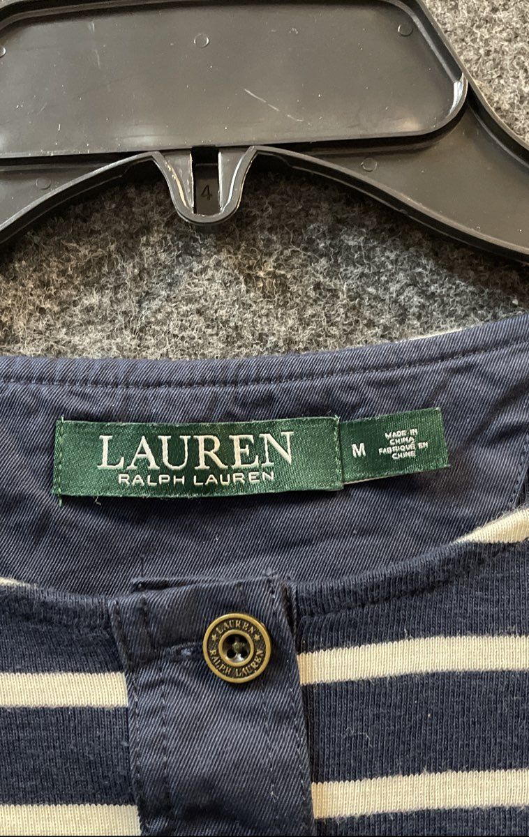 Lauren Ralph Lauren Women's Navy Blue White Striped 3/4 Sleeve Henley Shirt Sz M